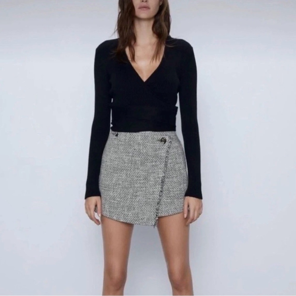 Zara Skort Womens Small Gray Tweed Wrap Front Shorts Mini Skirt Pockets Lined